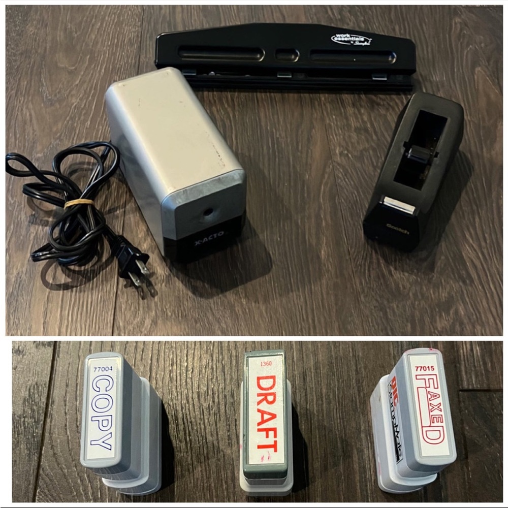 X-Acto Pencil Sharpner, Swingline 3 Hole Puncher, & Scotch Tape Dispenser